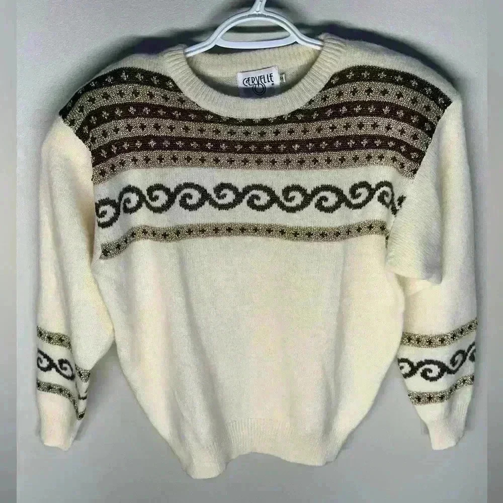 Vintage 80s 90s Cervelle Metallic‎ Sweater Women M Lambswool Angora Cream Brown